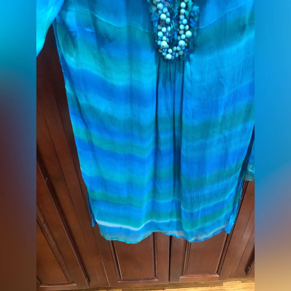 2/$30 NWT Dana Buchman Sheer Beaded Chiffon Tunic Top Sz 14 Blue Teal - Picture 11 of 16